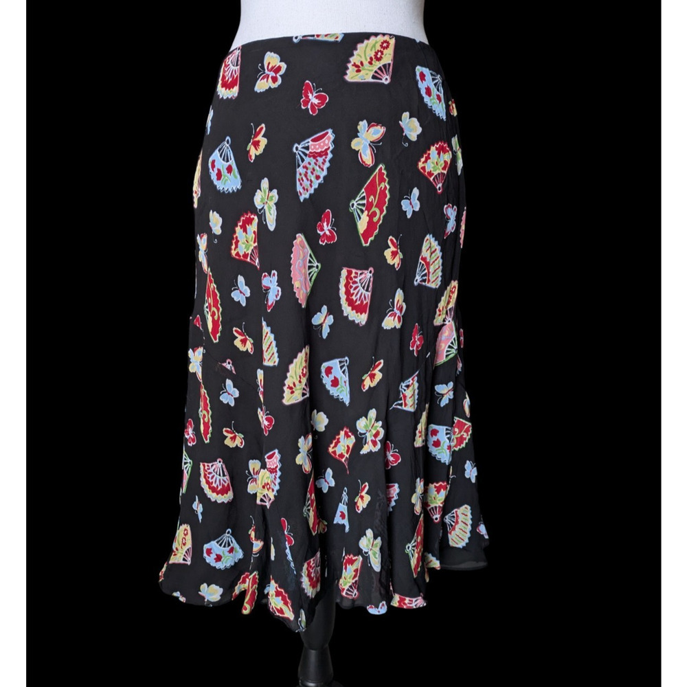 Vintage Harolds Black Butterfly Fan Print Y2K Boho Whimsy Chiffon Skirt Size 6